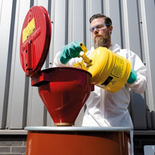 Load image into Gallery viewer, Justrite Steel Drum Funnel for Flammables, 6" Flame Arrester, Self-Closing Cover, 2" Bung, Red - 08207