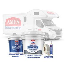 Load image into Gallery viewer, AMES Research RV Roof Coating and Sealant Kit with Blue Max base coat, Maximum Stretch top coat, seam tape, and caulk
