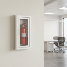 Load image into Gallery viewer, A white wall-mounted cabinet with a single glass door and a small side handle, shown on a plain white background.