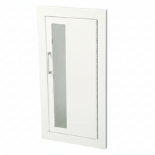 Load image into Gallery viewer, JL Industries Ambassador 1015V10 fully recessed white steel fire extinguisher cabinet with 3/8 in flat trim, vertical duo clear acrylic door and zinc-plated pull handle
