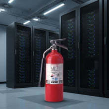 Load image into Gallery viewer, Kidde Pro 5 CD CO2 Fire Extinguisher 5 lb — red aluminum cylinder with black CO2 discharge horn and KIDDE Carbon Dioxide instruction label
