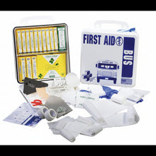Load image into Gallery viewer, School bus first aid kit with contents displayed, including bandages, antiseptic wipes, and eye wash, housed in a poly white case.