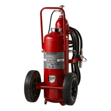 Load image into Gallery viewer, Red fire extinguisher with wheels on a white background