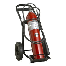 Load image into Gallery viewer, Red fire extinguisher on a black wheeled stand against a white background