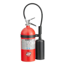 Load image into Gallery viewer, Red fire extinguisher with black hose on a white background