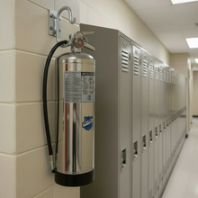 Load image into Gallery viewer, Silver fire extinguisher with a visible brand logo on a white background