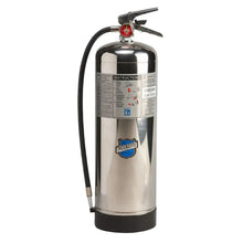 Load image into Gallery viewer, A stainless steel fire extinguisher with a black hose, black base, and silver top handle, featuring a blue and white 'PICK-RAZ' logo on the front.