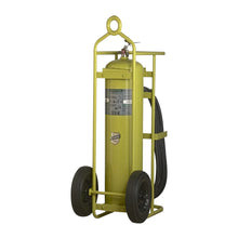 Load image into Gallery viewer, Yellow fire extinguisher on wheels with hose on a white background