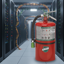 Load image into Gallery viewer, Red fire extinguisher with a hose attachment on a white background, featuring the Buckeye brand.
