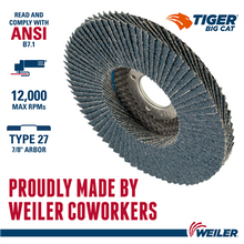Load image into Gallery viewer, Weiler 4-1/2" Big Cat Abrasive Flap Disc, Flat (TY27), Phenolic Backing, 60Z, 7/8" Arbor Hole
