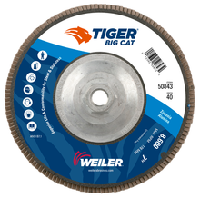 Load image into Gallery viewer, Weiler 7" Big Cat Abrasive Flap Disc, Flat (TY27), Phenolic Backing, 40Z, 5/8"-11 UNC Nut