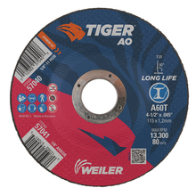 Load image into Gallery viewer, Weiler 4-1/2" x .045" TIGER AO Type 27 Cutting Wheel, A60T, 7/8" A.H.