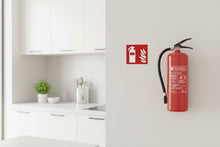 Load image into Gallery viewer, White fire extinguisher and flame symbol on a red background