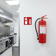 Load image into Gallery viewer, White fire extinguisher and flame symbol on a red background