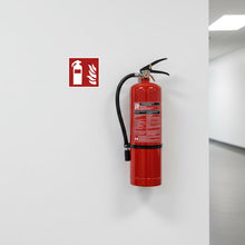 Load image into Gallery viewer, White fire extinguisher and flame symbol on a red background