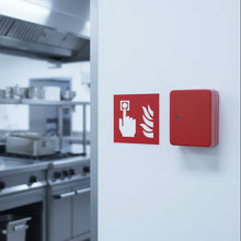 Load image into Gallery viewer, Fire alarm symbol with a hand pressing a button and flames on a red background