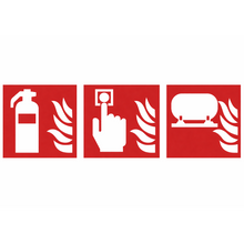 Load image into Gallery viewer, Three red and white fire safety symbols on a white background