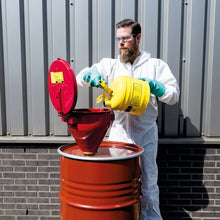 Load image into Gallery viewer, Justrite Steel Drum Funnel for Flammables, 6" Flame Arrester, Self-Closing Cover, 2" Bung, Red - 08207
