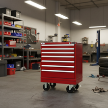 Load image into Gallery viewer, A red rolling tool chest with eight drawers and silver handles, positioned in a workshop environment with shelves, tools, and garage equipment in the background.
