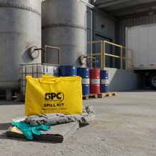 Load image into Gallery viewer, Spill kit with yellow bag, gloves, and absorbent pads on a white background
