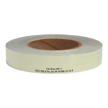 Load image into Gallery viewer, MEA Printed Photoluminescent Egress Marking Tape. A single roll, photographed on a white background.
