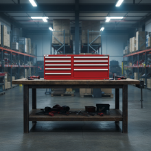 Load image into Gallery viewer, A red metal tool chest with multiple drawers sits on a wooden workbench in a large, dimly lit warehouse or garage interior with shelving and overhead lights visible in the background.
