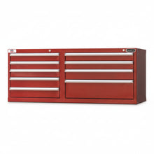 Load image into Gallery viewer, A red metal tool cabinet with multiple drawers and a top work surface, shown against a plain white background. A small logo badge is visible in the top right corner.

