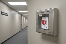 Load image into Gallery viewer, A stainless steel wall-mounted AED storage cabinet with a glass door, featuring a red heart and lightning bolt symbol and a warning label on the door.
