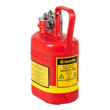 Load image into Gallery viewer, Justrite 1 Gallon Plastic Safety Can for Flammables, Oval, Flame Arrester, Stainless Steel Hardware, Red - 14160
