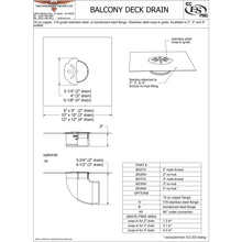 Load image into Gallery viewer, Thunderbird balcony deck drain cross-section and dimensional detail drawing
