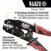 Load image into Gallery viewer, Klein Tools 3005CR Ratcheting Crimper 10-22 AWG - Insulated Terminals
