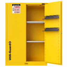 Load image into Gallery viewer, Yellow safety cabinet with open door, featuring Justrite and Utili-Guard branding.
