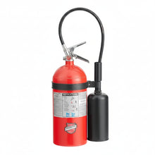 Load image into Gallery viewer, Red fire extinguisher with black hose on a white background
