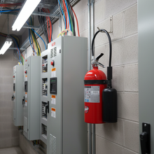 Load image into Gallery viewer, A red fire extinguisher mounted on a light gray cinderblock wall next to industrial electrical panels and conduit with colorful wiring.
