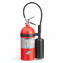 Load image into Gallery viewer, A red and black ABC fire extinguisher with an attached black hose and a black canister, shown on a clean white background. The label on the front features the 'BROOKFIELD' brand logo.
