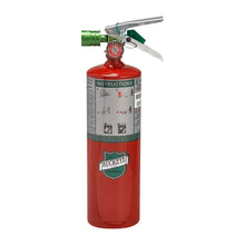 Load image into Gallery viewer, Red fire extinguisher with green and silver nozzle on a white background
