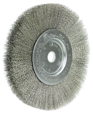 Load image into Gallery viewer, Weiler 6" Narrow Face Crimped Wire Wheel, .006" Stainless Steel Fill, 5/8"-1/2" Arbor Hole
