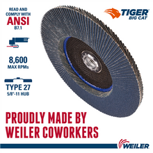 Load image into Gallery viewer, Weiler 7" Big Cat Abrasive Flap Disc, Flat (TY27), Phenolic Backing, 40Z, 5/8"-11 UNC Nut
