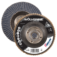 Load image into Gallery viewer, Weiler 4-1/2" Wolverine Abrasive Flap Disc, Flat (TY27), Phenolic Backing, 60Z, 5/8"-11 UNC Nut
