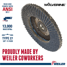 Load image into Gallery viewer, Weiler 4-1/2" Wolverine Abrasive Flap Disc, Flat (TY27), Phenolic Backing, 60Z, 5/8"-11 UNC Nut
