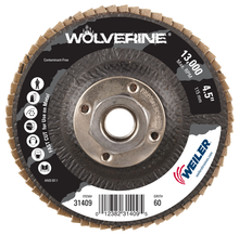 Load image into Gallery viewer, Weiler 4-1/2" Wolverine Abrasive Flap Disc, Flat (TY27), Phenolic Backing, 60Z, 5/8"-11 UNC Nut
