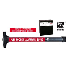 Load image into Gallery viewer, Detex V40 EE delayed egress rim exit device in satin aluminum, shown with the included Detex 24VDC power supply
