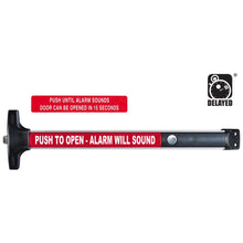 Load image into Gallery viewer, Detex V40 EE delayed egress rim exit device in satin aluminum, push bar with tamper resistant EE housing on the end cap
